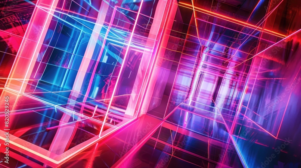 Wall mural layers of neon lines and geometric forms intersect in a symphony of light and color, reminiscent of 