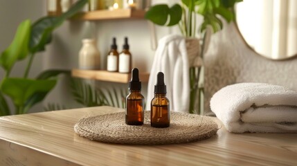 Two bottles of essential oils are on a wooden table