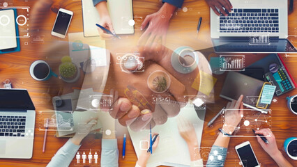 Collaborative workspace with AI interfaces, Team collaboration concept.