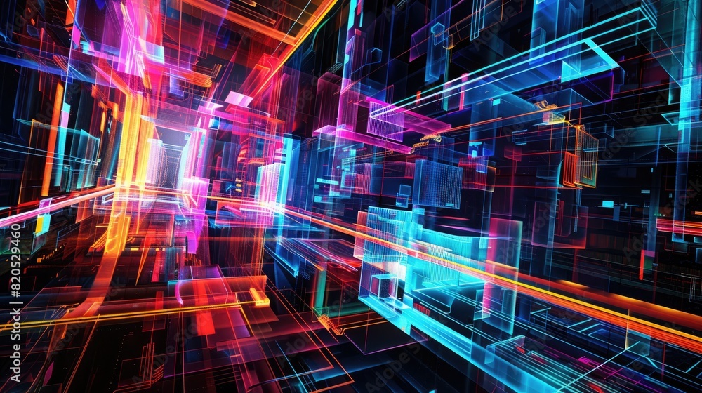 Wall mural layers of neon lines and geometric forms intersect in a symphony of light and color, reminiscent of 