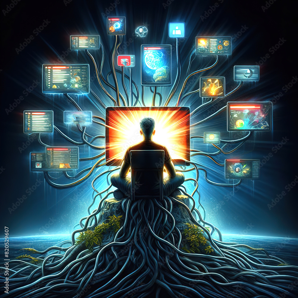 Poster a man sits at a computer connected to the screens of various gadgets, representing the relationship 