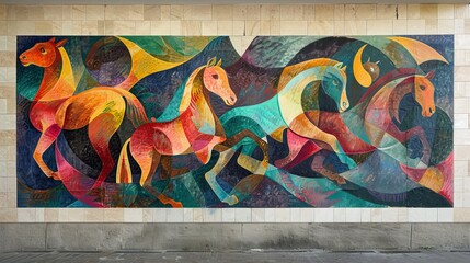 Vibrant horse fresco adorning wall with rich colors, dynamic composition, and artistic details