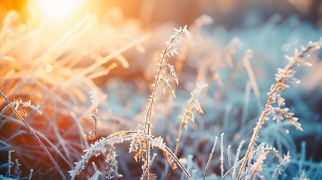 A calm frozen winter scene Amazing nature background Frozen grass at sunrise close up Winter wonderland Idyllic nature : Generative AI