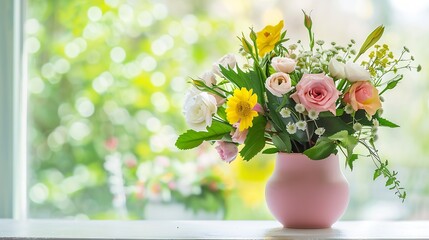 Beautiful cottage style flower arrangement in a pink vase on a white table Flower bunch include Rose Snapdragon Ranunculus Daisys Sweet William Chrysanthemum and lush green foliage : Generative AI
