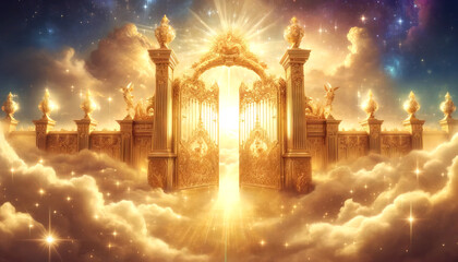 The Golden Gate at the entrance to the Kingdom of Heaven on the clouds in the light of the stars
