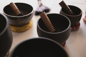 A view of several Tibetan singing bowls.
