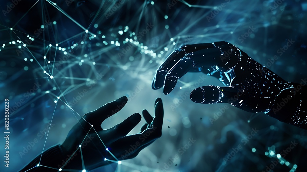 Poster AI Machine learning Hands of robot and human touching big data of Global network connection Internet and digital technology Science and artificial intelligence digital technologies of  : Generative AI