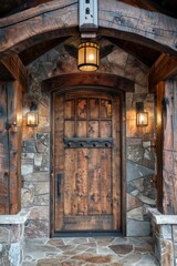 Entrance door made of old wooden logs, very detailed. Generative AI