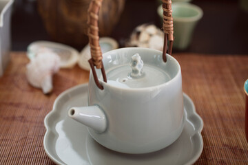 A view of a small Chinese teapot.