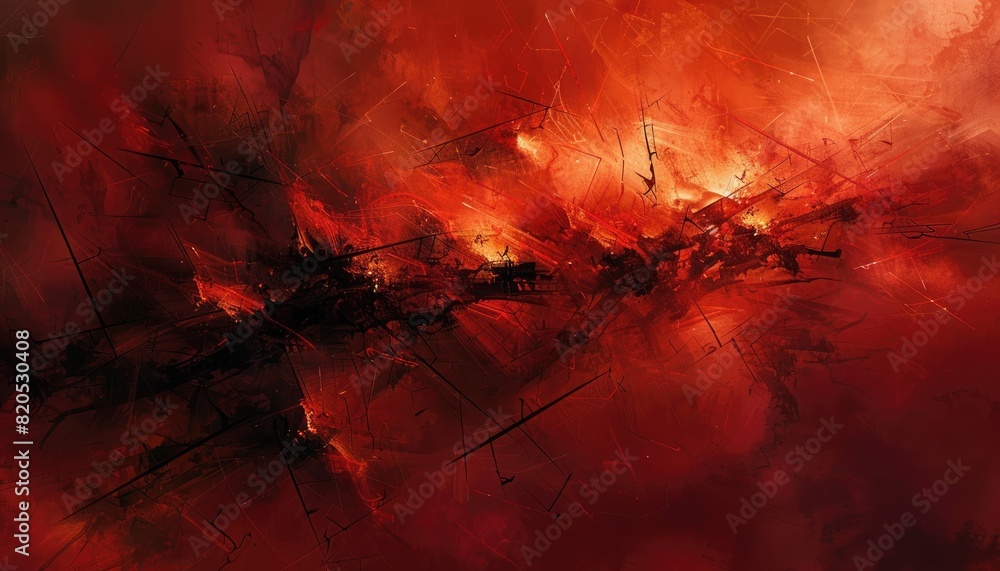 Wall mural jagged lines intersect chaotically on red colored background