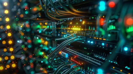 A computer server room with many wires and lights