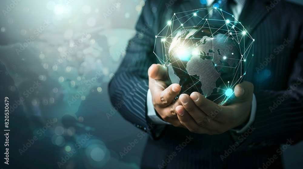 Poster Businessman holding global network connection on social networking and customer data analytics Business strategy and smart intelligence digital marketing Technology and global business : Generative AI