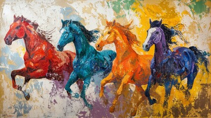 Colorful horse fresco on wall, vibrant artwork with rich colors and dynamic composition