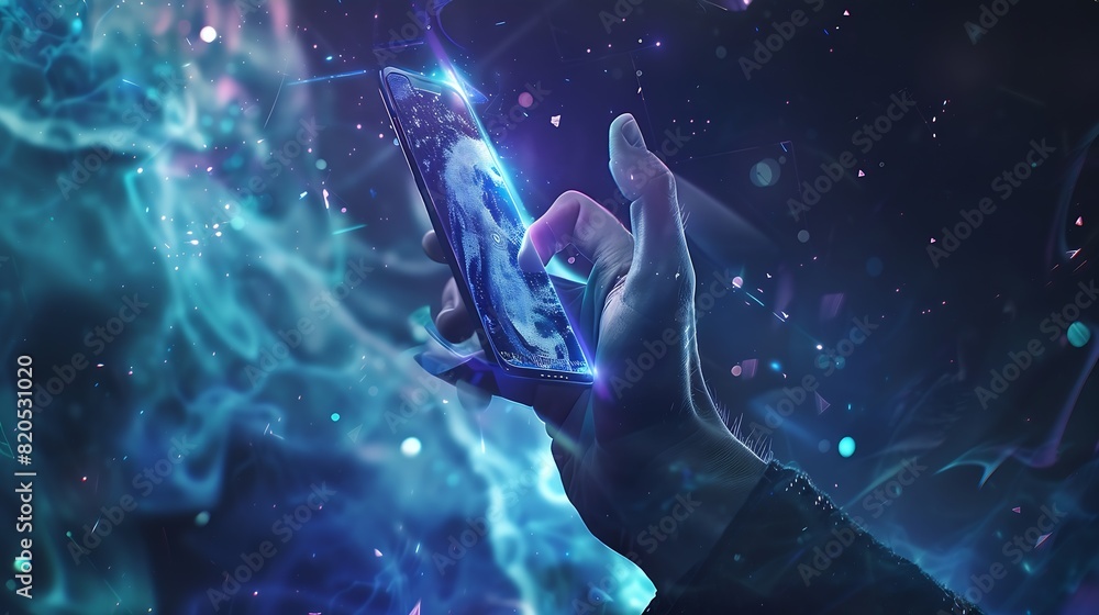 Aufkleber Metaverse and Blockchain Technology Concepts Person with an Experiences of Metaverse Virtual World via Smart Phone Futuristic Tone Hand Levitating Mobile Phone : Generative AI