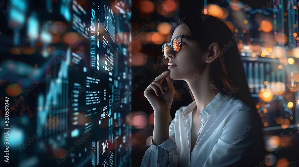 Aufkleber Computer code hologram and woman thinking of data analytics information technology or software overlay at night Laptop solution and IT people with algorithm statistics and cybersecurit : Generative AI