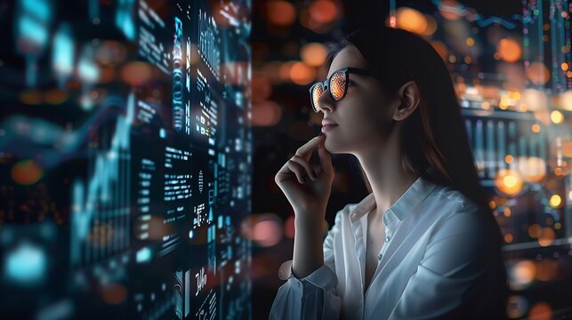 Computer code hologram and woman thinking of data analytics information technology or software overlay at night Laptop solution and IT people with algorithm statistics and cybersecurit : Generative AI