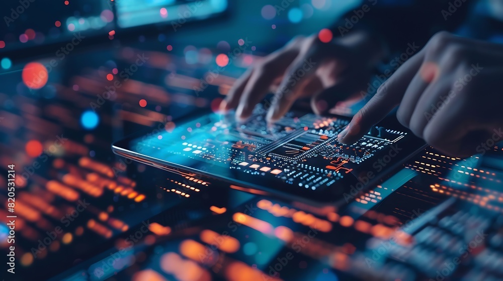 Fototapete Digital technology software development concept Coding programmer software engineer using digital tablet with circuit board and javascript on virtual screen internet of things IoT : Generative AI