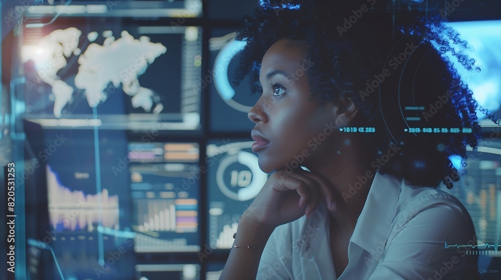 Poster Black woman working in office and futuristic graphical user interface concept ICT Information Communication Technology System engineering : Generative AI