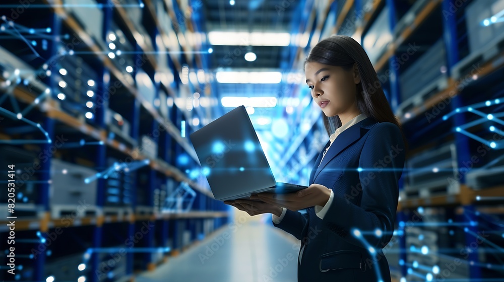 Aufkleber 3D Graphics Concept Big Data Center Female Chief Technology Officer Using Laptop Standing In Warehouse Activates Servers Information Digitalization Starts SAAS Cloud Computing Web Serv : Generative AI