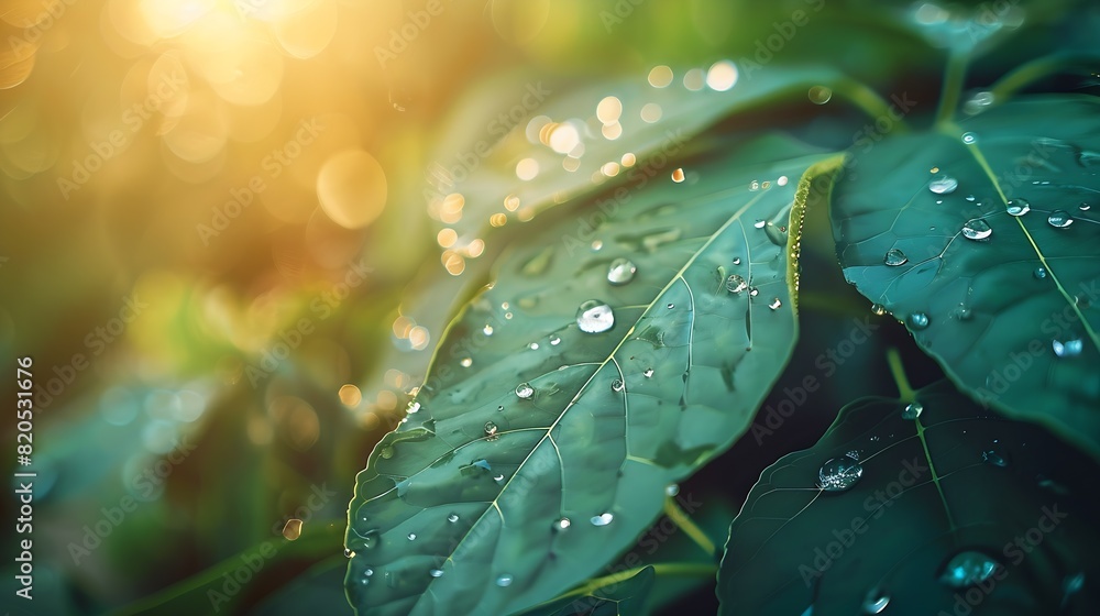 Poster large beautiful drops of transparent rain water on a green leaf macro drops of dew in the morning gl