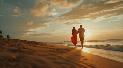 Lovely romantic couple walking on sunset beach enjoying evening light relaxing on tropical summer vacation Honeymoon Love Back view Woman wearing orange maxi dress : Generative AI