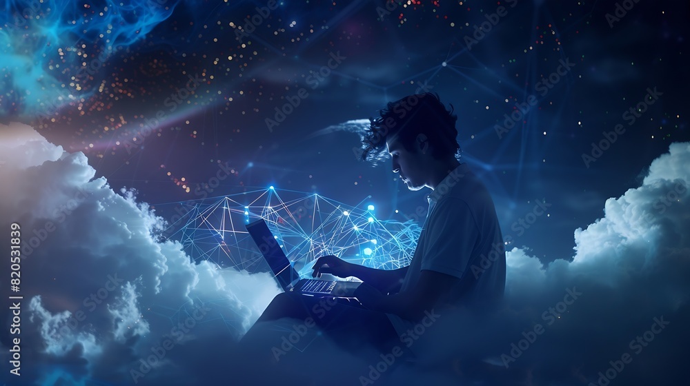 Poster Digital technology cloud computing concept Software engineer using mobile smart phone and laptop computer with global network connection Technology innovative and communication concept : Generative AI