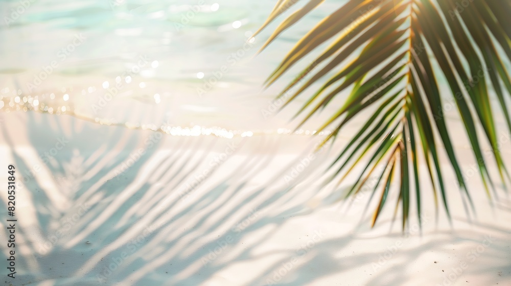 Aufkleber palm leaf shadow on abstract white sand beach background sun lights on water surface beautiful abstr