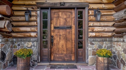 Entrance door made of old wooden logs, very detailed. Generative AI
