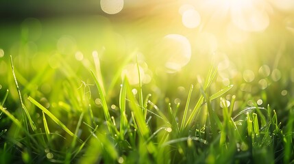 Obraz premium Green grass in the field with sunbeams Blurred summer background selective focus : Generative AI