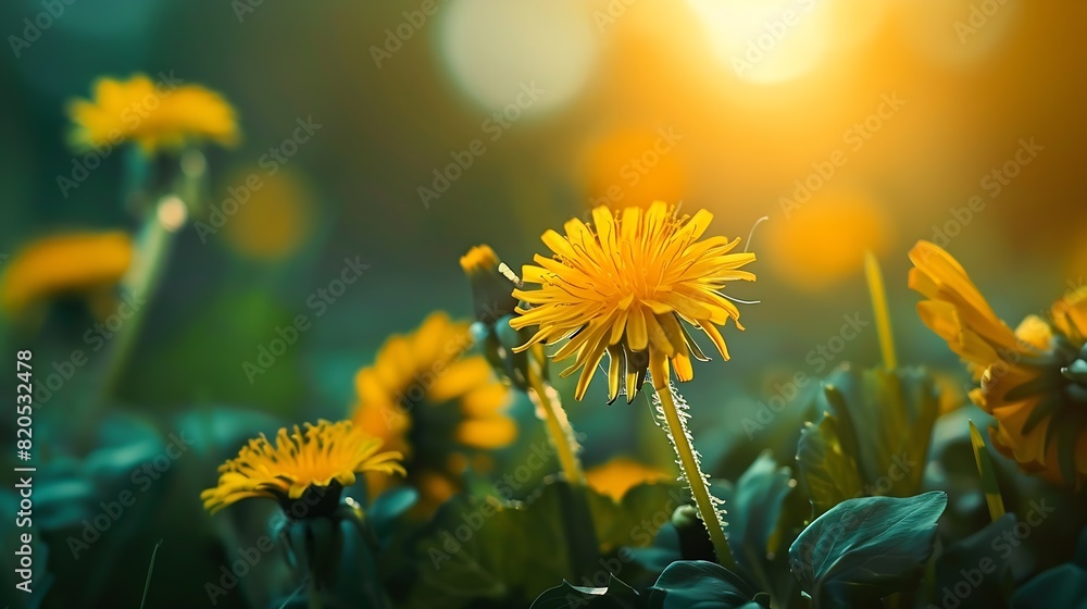 Poster floral summer spring background yellow dandelion flowers closeup in a field on nature on a dark blue