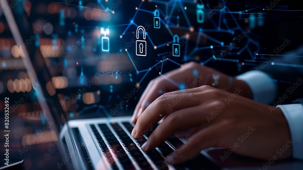 Aufkleber Cyber security network Data protection concept Businessman using laptop computer with digital padlock on internet technology networking with cloud computing and data management cyberse : Generative AI