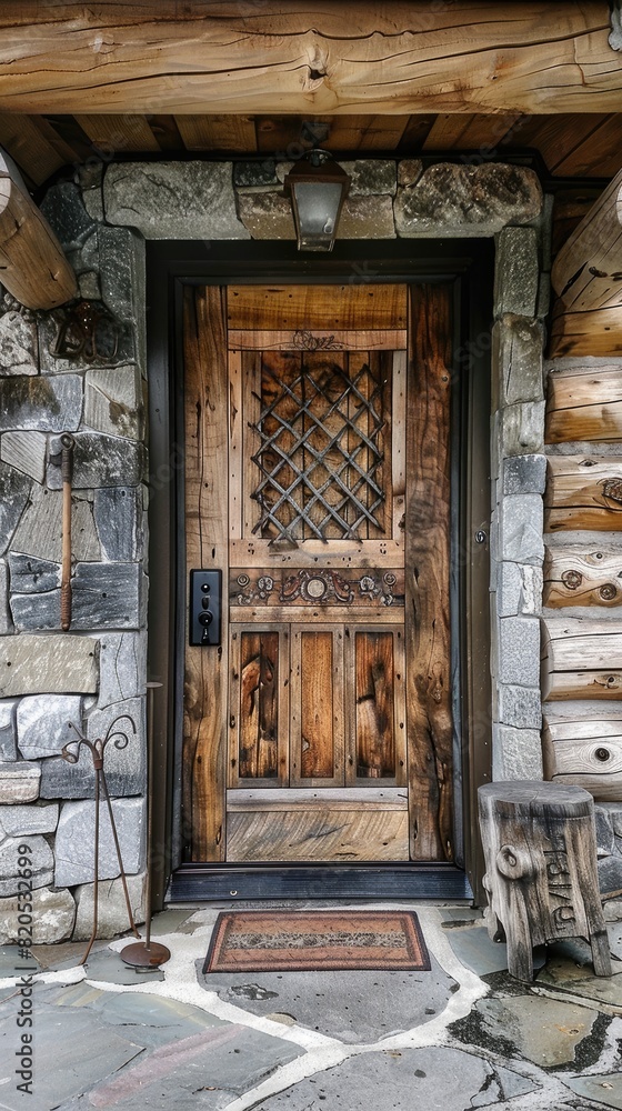 Poster entrance door made of old wooden logs, very detailed. generative ai