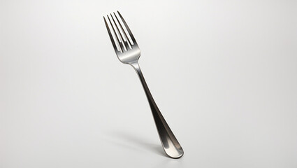 A shiny metal fork with three tines against a white background.

