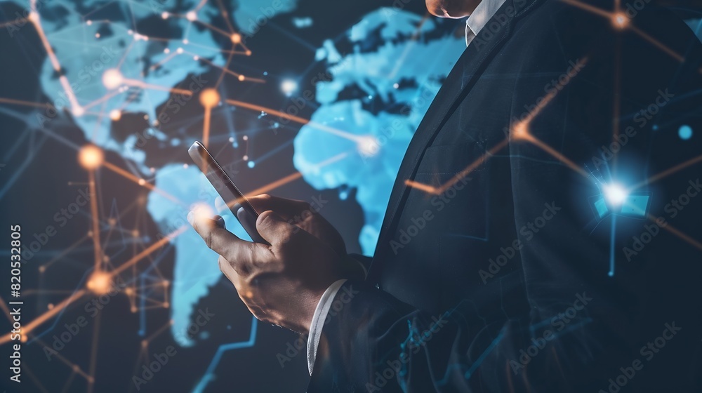 Aufkleber Businessman using mobile smartphone on global network connection on investor and customer with sale data exchange and development of business Technology and digital marketing Financial : Generative AI
