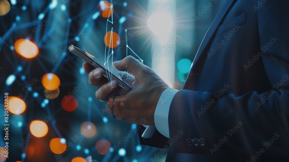 Aufkleber Businessman using mobile smart phone Business global internet connection application technology and digital marketing Financial and banking Digital link tech big data : Generative AI