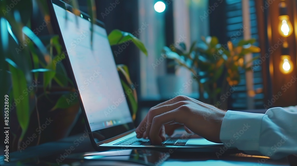 Aufkleber Closeup photo of male hands with laptop Man working remotely at home Concept of networking or remote work Global business network : Generative AI
