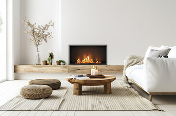 Scandinavian, loft interior design of modern living room, home with fireplace.