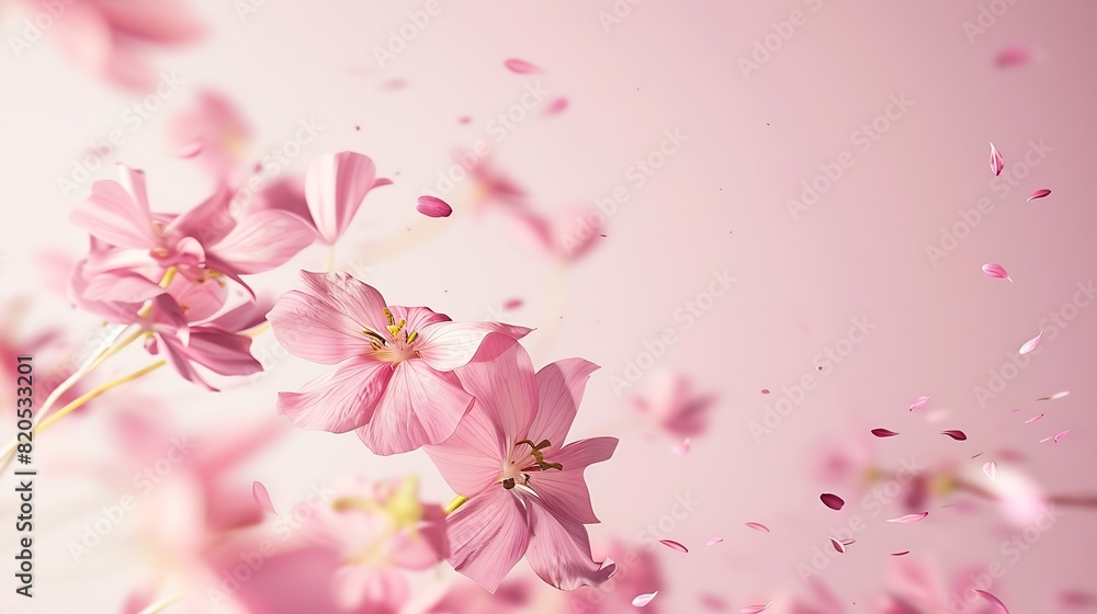 Poster a beautiful image of sping pink flowers flying in the air on the pastel pink background levitation c