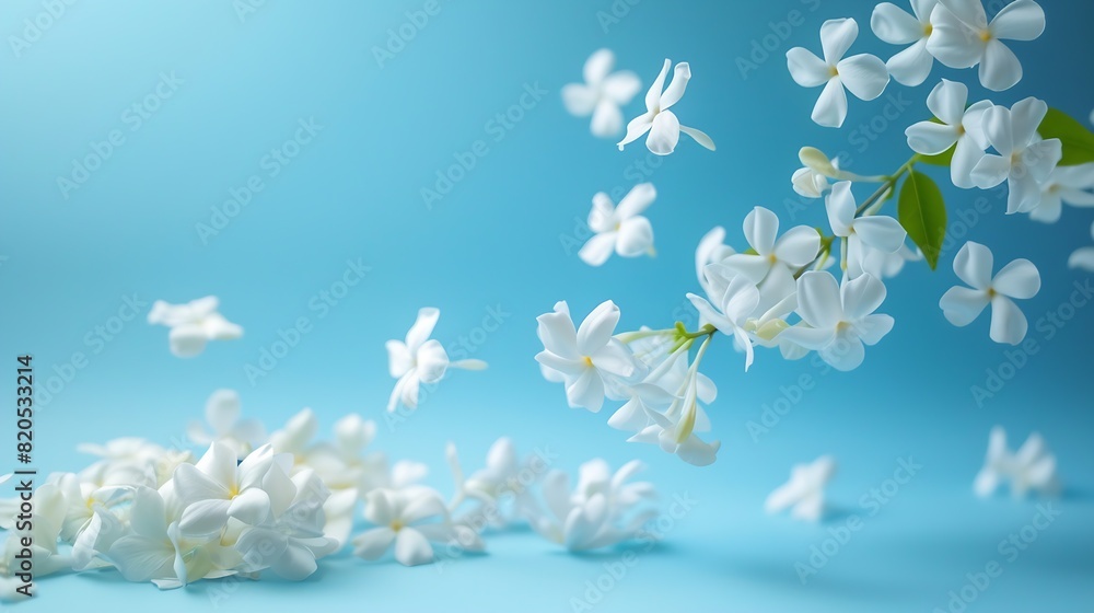 Poster jasmine bloom a beautifull white flower of jasmine falling in the air isolated on blue background le