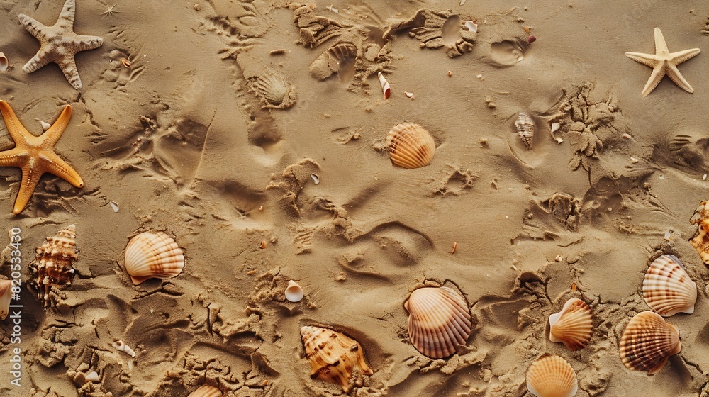 Poster Top view of a sandy beach texture with imprints of exotic seashells and starfish as natural textured background : Generative AI