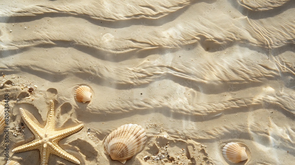 Aufkleber Top view of a sandy beach texture with imprints of exotic seashells and starfish as natural textured background : Generative AI