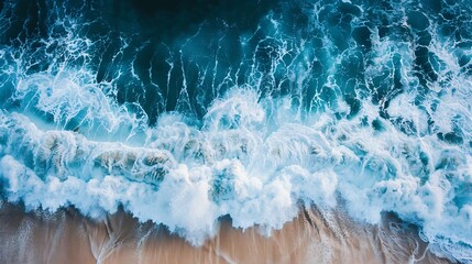 Overhead photo of crashing waves on the shoreline  beach Tropical beach surf Abstract aerial ocean view : Generative AI