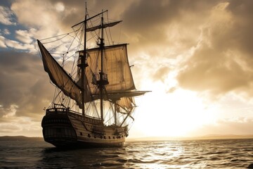 Fototapeta premium Tall Ship, Sailing ship on a calm ocean, digitally rendered illustration, AI generated
