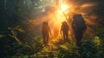 A group of explorers trek through the dense jungle, their headlamps illuminating the path ahead