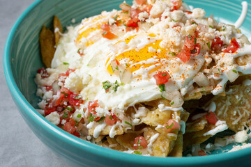 A closeup view of a bowl of chilaquiles.