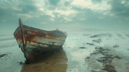 Naklejka premium beachside wreck close up, focus on, copy space Lively depiction of a dilapidated boat on sand Double exposure silhouette with shoreline