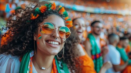A woman wearing a green and orange scarf and sunglasses is smiling