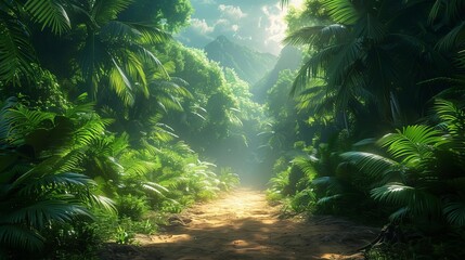 A lush tropical jungle with green palm trees and bright sunlight shining through the canopy.