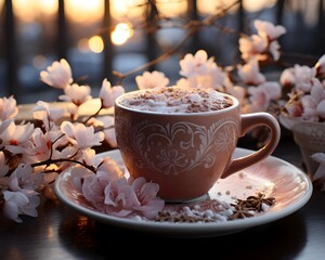 Cup of coffee with sakura flowers on the table at sunset