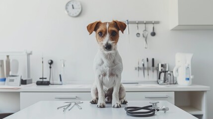 Brown and White Dog Sitting on a Counter